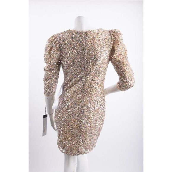 IEENA for MacDuggal Womans Sequined Dress Mini Puff Sleeve Sz 6 Beige Multi NWT - Picture 6 of 7